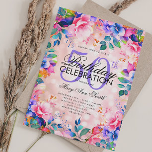 Elegant 50th Birthday Rose Gold Rainbow Floral Invitation