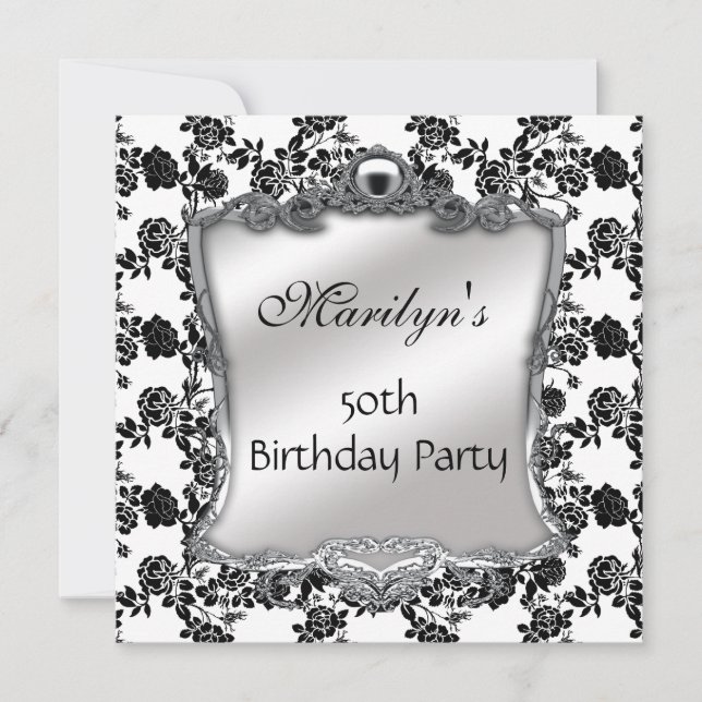 Elegant 50th Birthday Silver Black White Fl Invitation (Front)