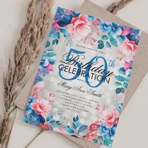 Elegant 50th Birthday Silver Blue Pink Floral  Invitation