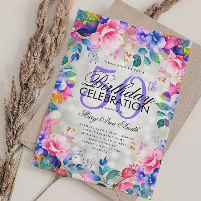 Elegant 50th Birthday Silver Rainbow Floral Lights Invitation (Elegant 50th Birthday Silver Rainbow Floral Lights Invitation)