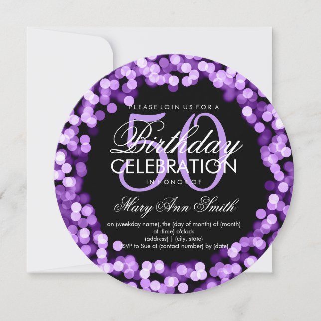 Elegant 50th Birthday Sparkling Lights Purple Invitation (Front)