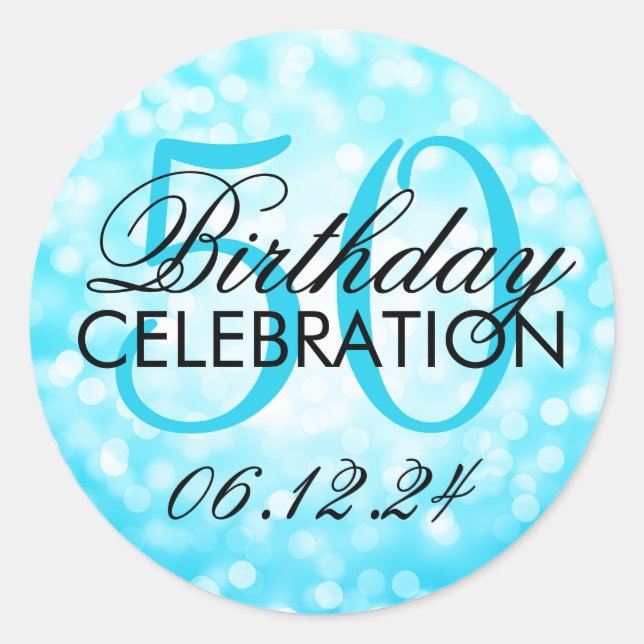 Elegant 50th Birthday Turquoise Glitter Lights Classic Round Sticker (Front)