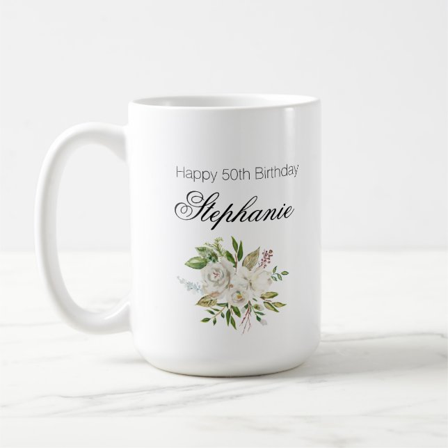 Elegant 50th Birthday White Floral Coffee Mug (Left)
