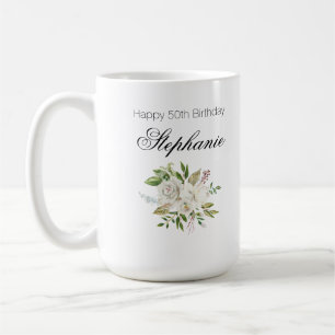 Elegant 50th Birthday White Floral Script Coffee Mug