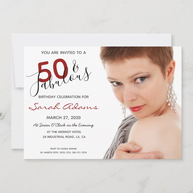 Elegant 50th Fabulous Birthday Photo Red Script Invitation (Front)