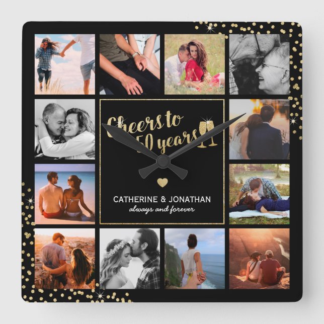 Elegant 50th Golden Anniversary Photo Square Wall Clock (Front)