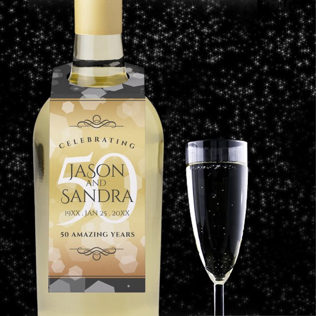 Elegant 50th Golden Wedding Anniversary Bottle Tag (50th golden wedding anniversary bottle hanger with champagne flute on a starry night sky. )