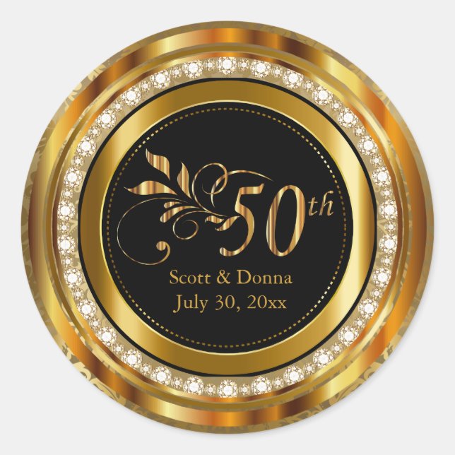 Elegant 50th Golden Wedding Anniversary Classic Round Sticker (Front)