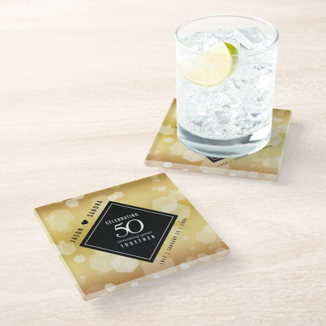 Elegant 50th Golden Wedding Anniversary Glass Coaster (Angled)