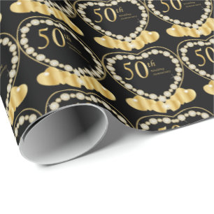 Elegant 50th Golden Wedding Anniversary Hearts Wrapping Paper