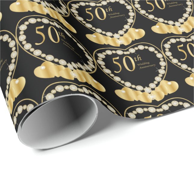 Elegant 50th Golden Wedding Anniversary Hearts Wrapping Paper (Roll Corner)