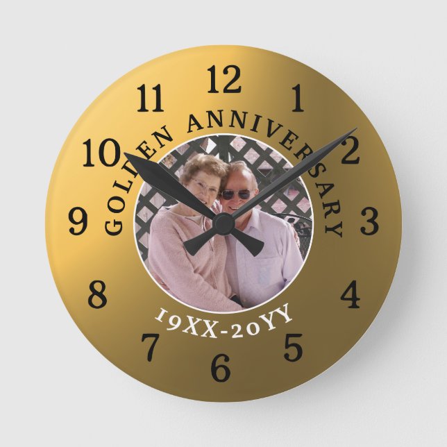 Elegant 50th Golden Wedding Anniversary Photo Round Clock (Front)