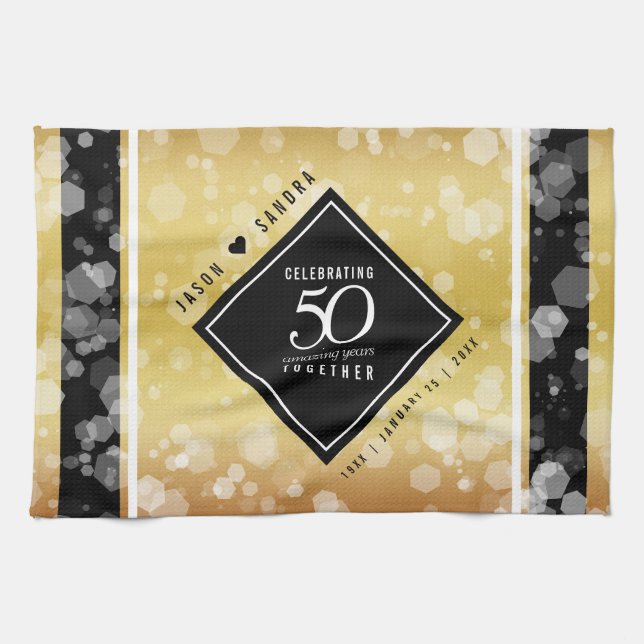 Elegant 50th Golden Wedding Anniversary Tea Towel (Horizontal)