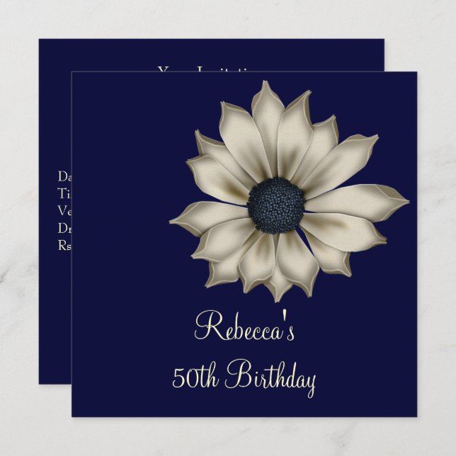 Elegant 50th Navy Blue Beige Flower Birthday Party Invitation (Front/Back)