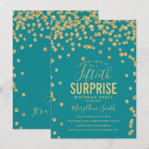 Elegant 50th Surprise Birthday Gold Teal Invitation