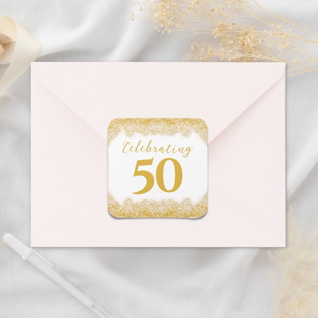 Elegant 50th Wedding Anniversary Faux Gold Glitter Square Sticker (Elegant 50th Wedding Anniversary Faux Gold Glitter Square Sticker)