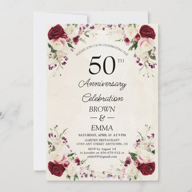 Elegant 50th Wedding Anniversary Floral Celebratio Invitation (Front)