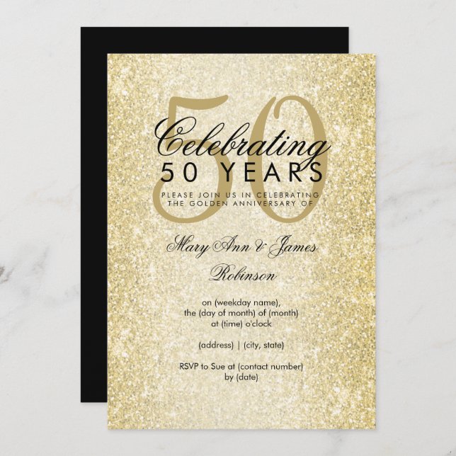 Elegant 50th Wedding Anniversary Gold Glitter Invitation (Front/Back)