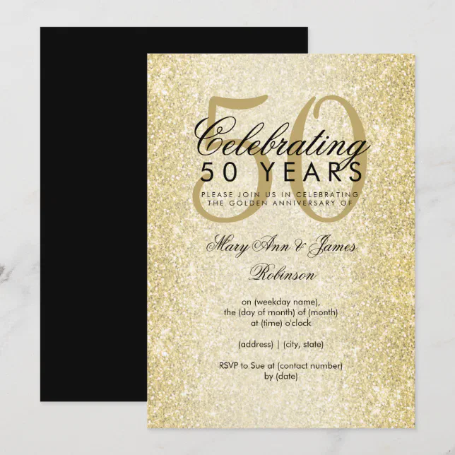 Elegant 50th Wedding Anniversary Gold Glitter Invitation | Zazzle