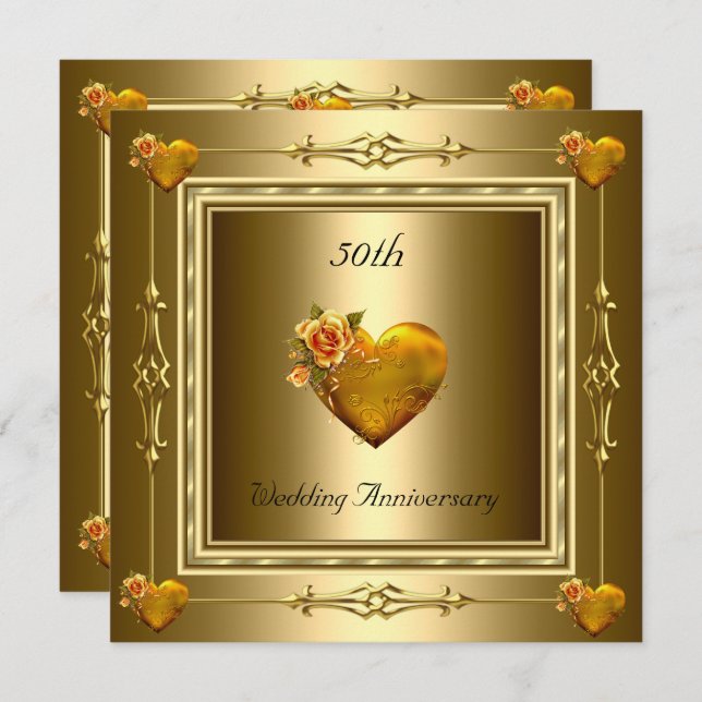 Elegant 50th Wedding Anniversary Gold Hearts 2 Invitation (Front/Back)