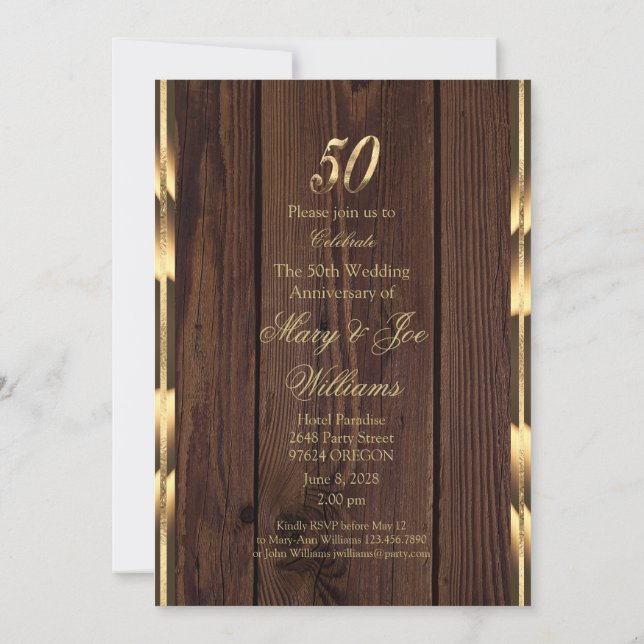 Elegant 50th Wedding Anniversary Gold Rustic Wood Invitation (Back)