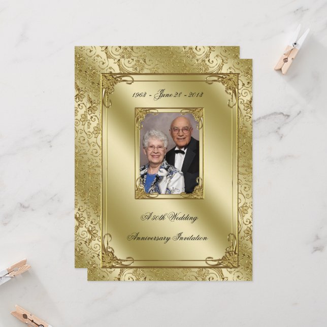 Elegant 50th Wedding Anniversary Photo Invite (Front/Back In Situ)