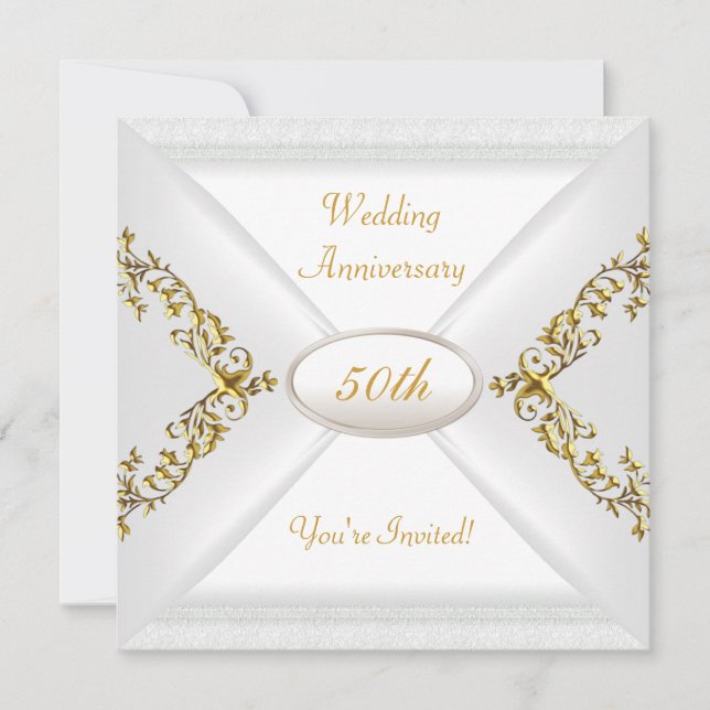 Elegant  50th Wedding Anniversary White Gold Invitation (Front)