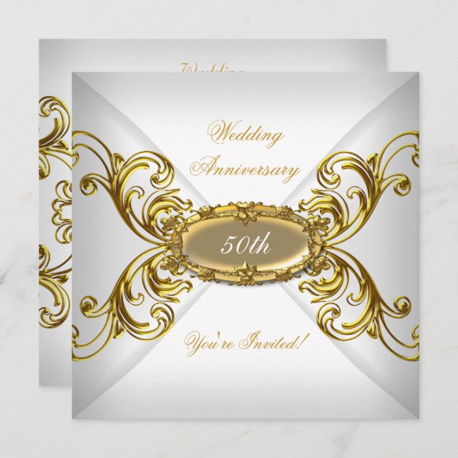 Elegant  50th Wedding Anniversary White Gold Invitation (Front/Back)