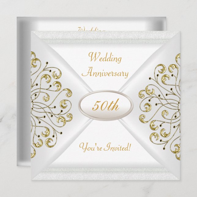 Elegant  50th Wedding Anniversary White Gold Invitation (Front/Back)