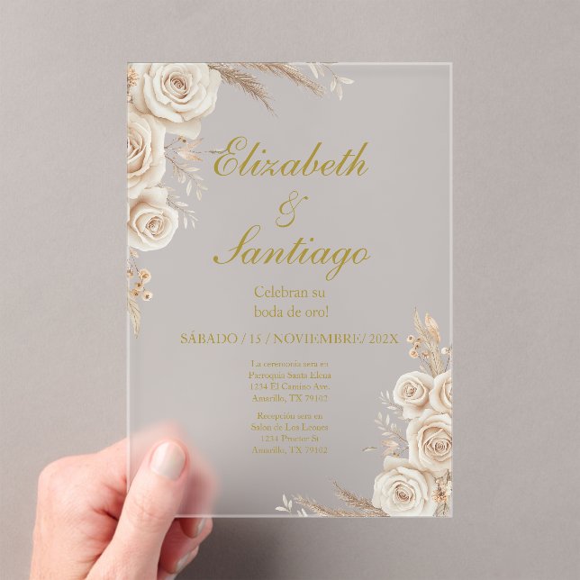 Elegant 50th Wedding Boho Spanish Acrylic Invitations (Insitu (Handheld))