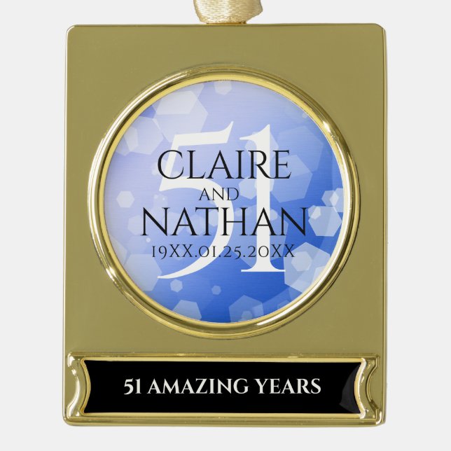 Elegant 51st Sapphire Wedding Anniversary Gold Plated Banner Ornament (Front)