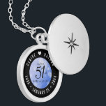 Elegant 51st Sapphire Wedding Anniversary Locket Necklace<br><div class="desc">Celebrate the 51st sapphire wedding anniversary in style with this commemorative locket! Elegant black and white lettering with hexagonal confetti on a sapphire blue background add a memorable touch for this special occasion and extraordinary milestone. Customise with the happy couple's names, and add dates for their sapphire anniversary. Design ©...</div>