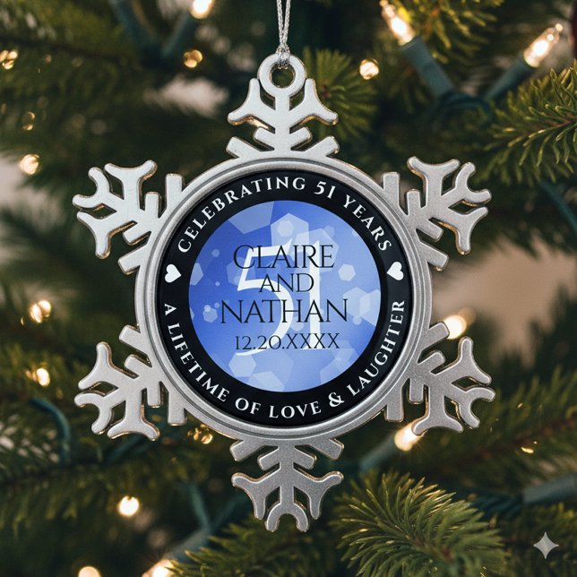 Elegant 51st Sapphire Wedding Anniversary Snowflake Pewter Christmas Ornament (51st Sapphire Wedding Anniversary Snowflake Pewter Ornament Cover Photo)