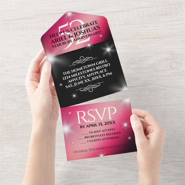 Elegant 52nd Star Ruby Wedding Anniversary All In One Invitation (Tearaway)
