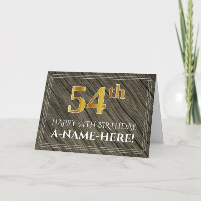 Elegant 54th Birthday: Faux Wood, Faux Gold Look Card (Front)