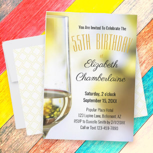 Elegant 55th Birthday White Wine Glass Custom Invitation