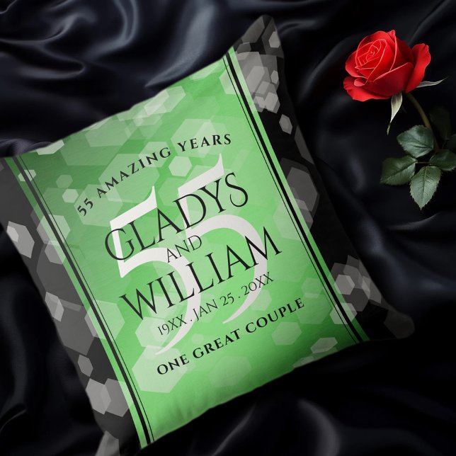 Elegant 55th Emerald Wedding Anniversary Cushion (EO 55th Wedding Anniversary Throw Pillow on Black Satin Cover Photo.)