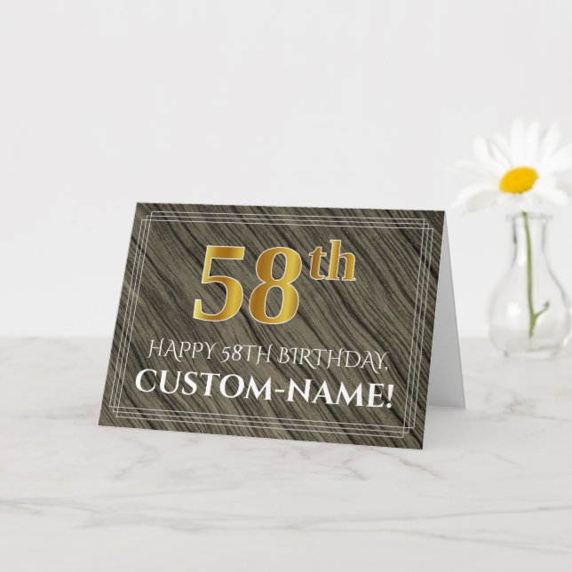 Elegant 58th Birthday: Faux Wood, Faux Gold Look Card (Small Plant)