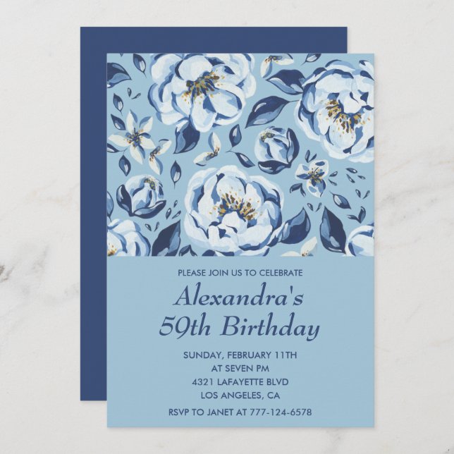 Elegant 59th birthday invitations Floral Blue (Front/Back)