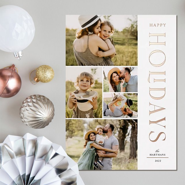 Elegant 5 Photo Collage Modern Happy Holidays Foil Holiday Card (Creator Uploaded)