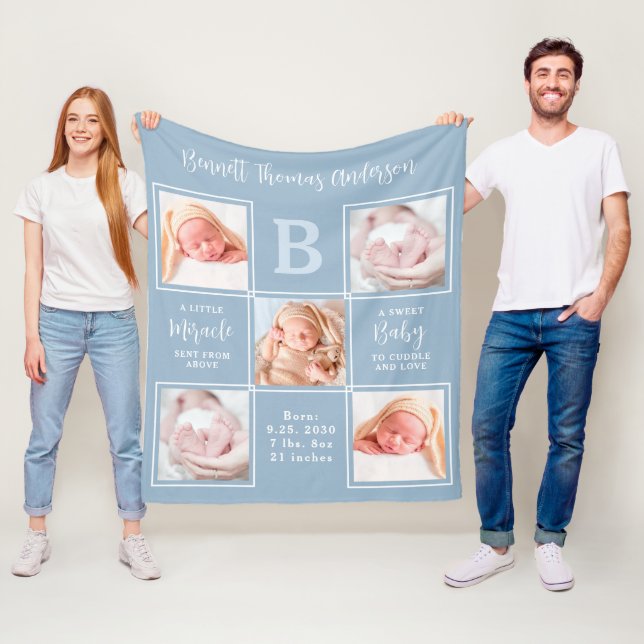 Elegant 5 Photo Collage New Baby Boy Birth Stats Fleece Blanket (In Situ)