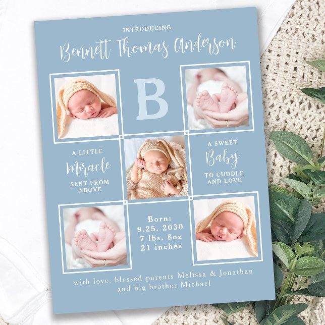 Elegant 5 Photo Collage Newborn Baby Boy Birth Announcement Postcard (Creator Uploaded)