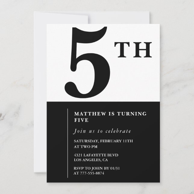 Elegant 5th birthday invitation Black Chic Modern (Front)