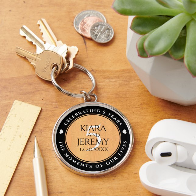 Elegant 5th Wood Wedding Anniversary Celebration Key Ring (Desk)