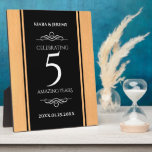 Elegant 5th Wood Wedding Anniversary Celebration Plaque<br><div class="desc">Make the 5th wood wedding anniversary an unforgettable celebration with this commemorative plaque! Elegant white lettering on light,  faux wood grain and black backgrounds add a memorable touch for this special occasion and milestone. Customise with couple's names and dates of marriage.

Design © W.H. Sim. See more at zazzle.com/expressionsoccasions</div>