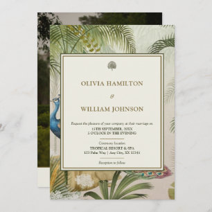 Elegant 5x7 Photo Tropical Peacock Palm Wedding  Invitation