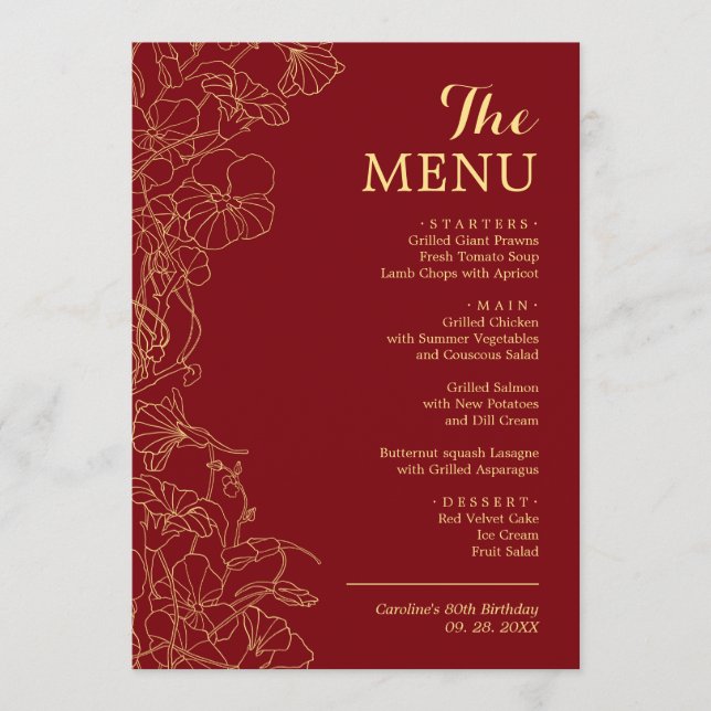 Elegant 5x7 Red Gold Floral Dinner Menu (Front)