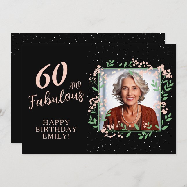Elegant 60 and Fabulous Flower 60th Birthday Photo Card (Front/Back)
