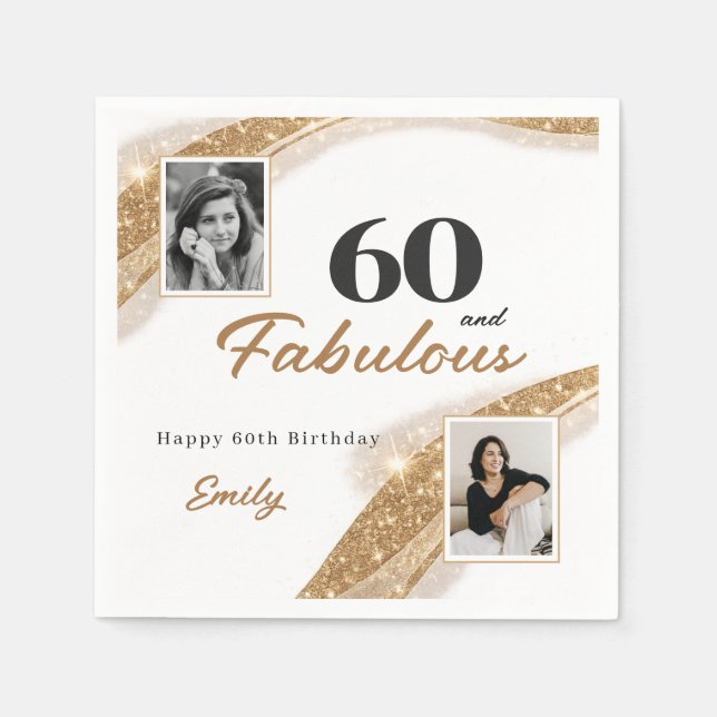 Elegant 60 and Fabulous Gold Photo Birthday Party Napkin (Front)