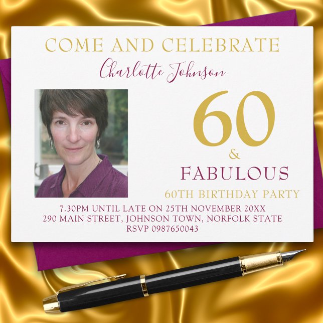 Elegant 60 and Fabulous Photo 60th birthday Invitation (60 & Fabulous elegant burgundy and gold 60th birthday party invitation with photo template)
